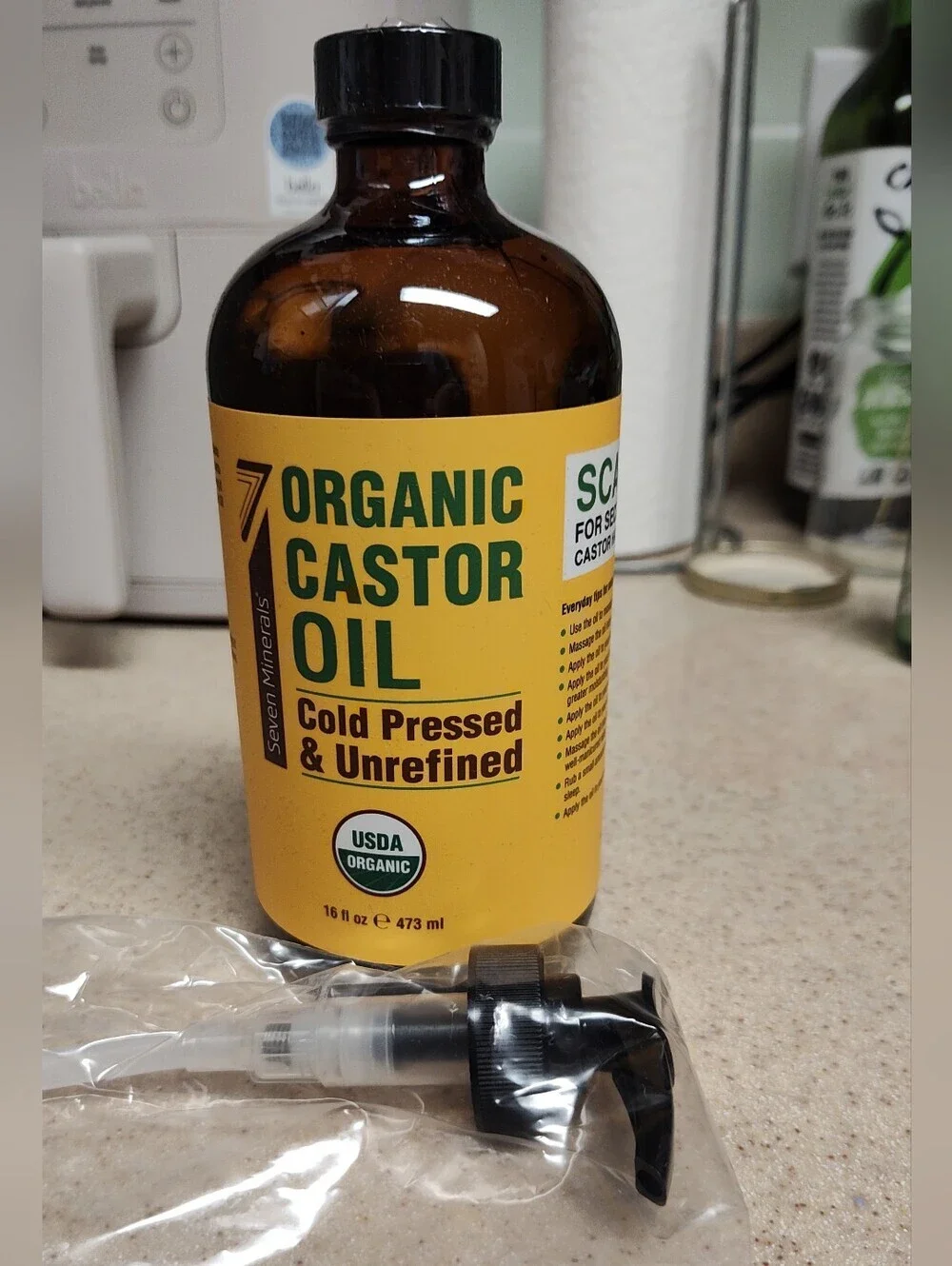 16oz Glass Bottle Castor Oil USDA Organic, Cold Pressed, Unrefined W/ Pump
